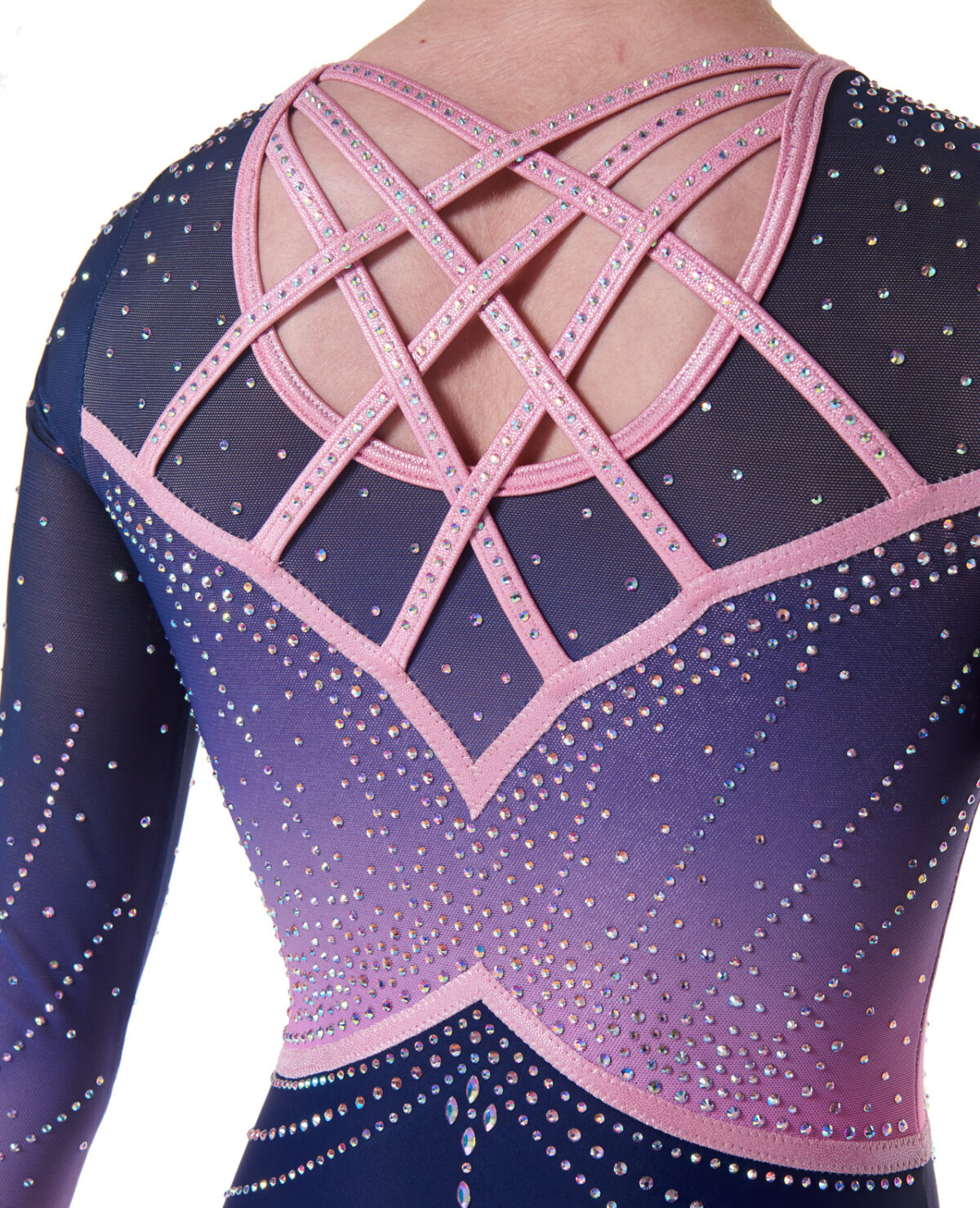 1200_empress_competition_long_sleeve_neon_navy_pink_ombre_02 navy and pastel pink and purple ombre long sleeve gymnastics leotard with AB crystals