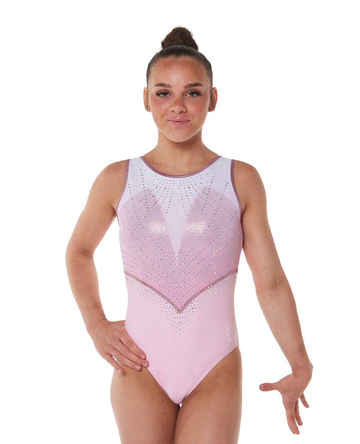 pale pink comfortable gymnastics training leotard with shimmering mystique blush detail and AB crystals