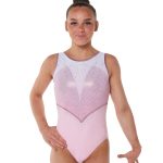 pale pink comfortable gymnastics training leotard with shimmering mystique blush detail and AB crystals
