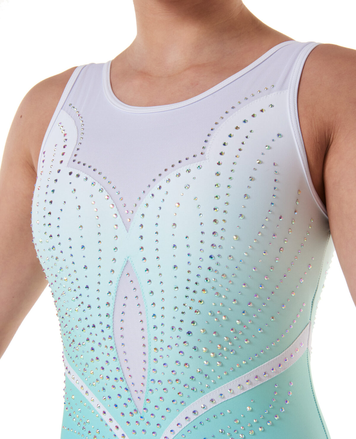 1226_bloom_gymnastics_leotard_mint_03 detail of AB crystals on mint ombre club training tank leotard in white lycra with ombre mint hues secure strap back and AB crystals