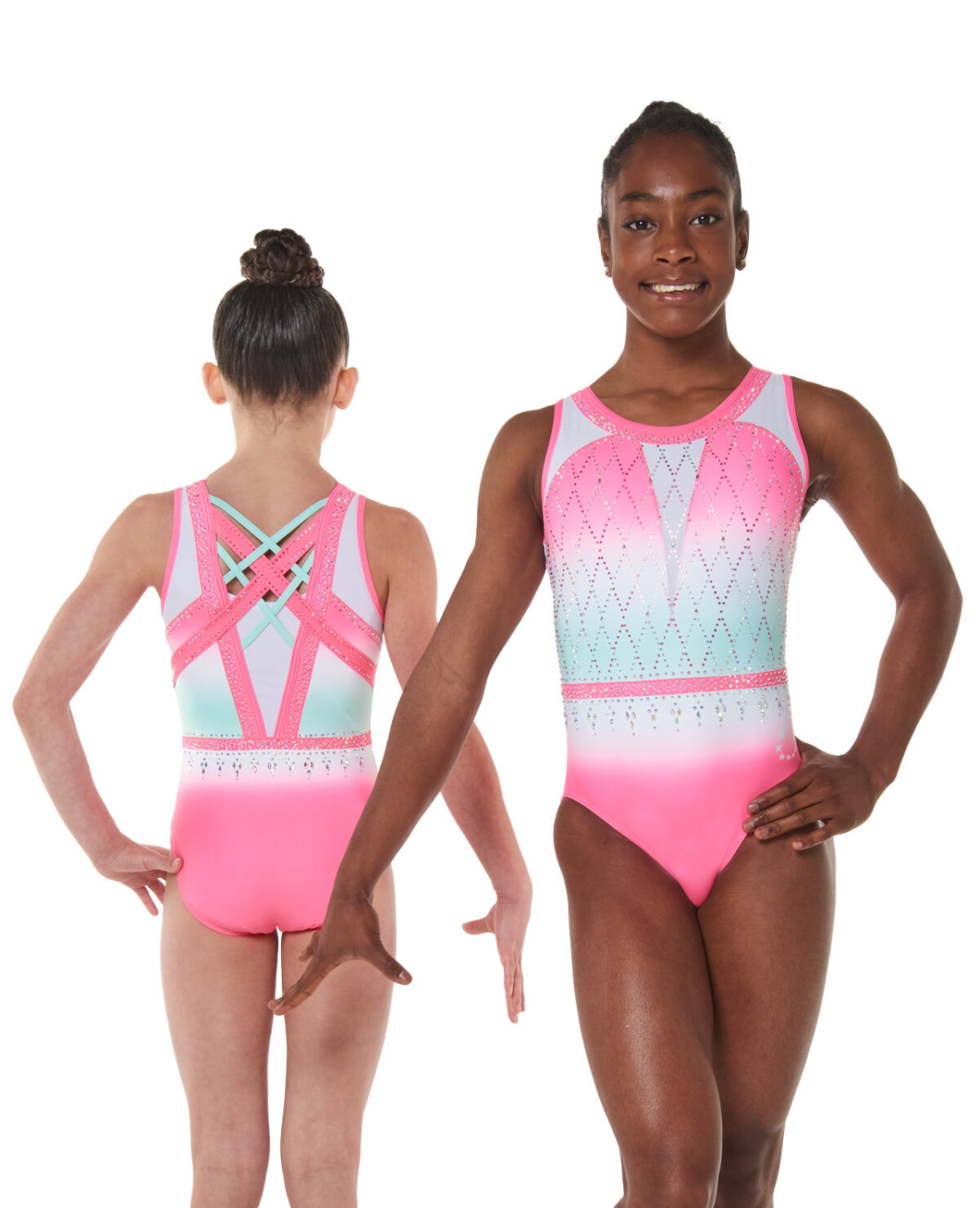 1227_liberty_gymnastics_leotard_watermelon_05 watermelon inspired gymnastics shirt sleeve leotard with new back design, ombre mint, pink and white ombre