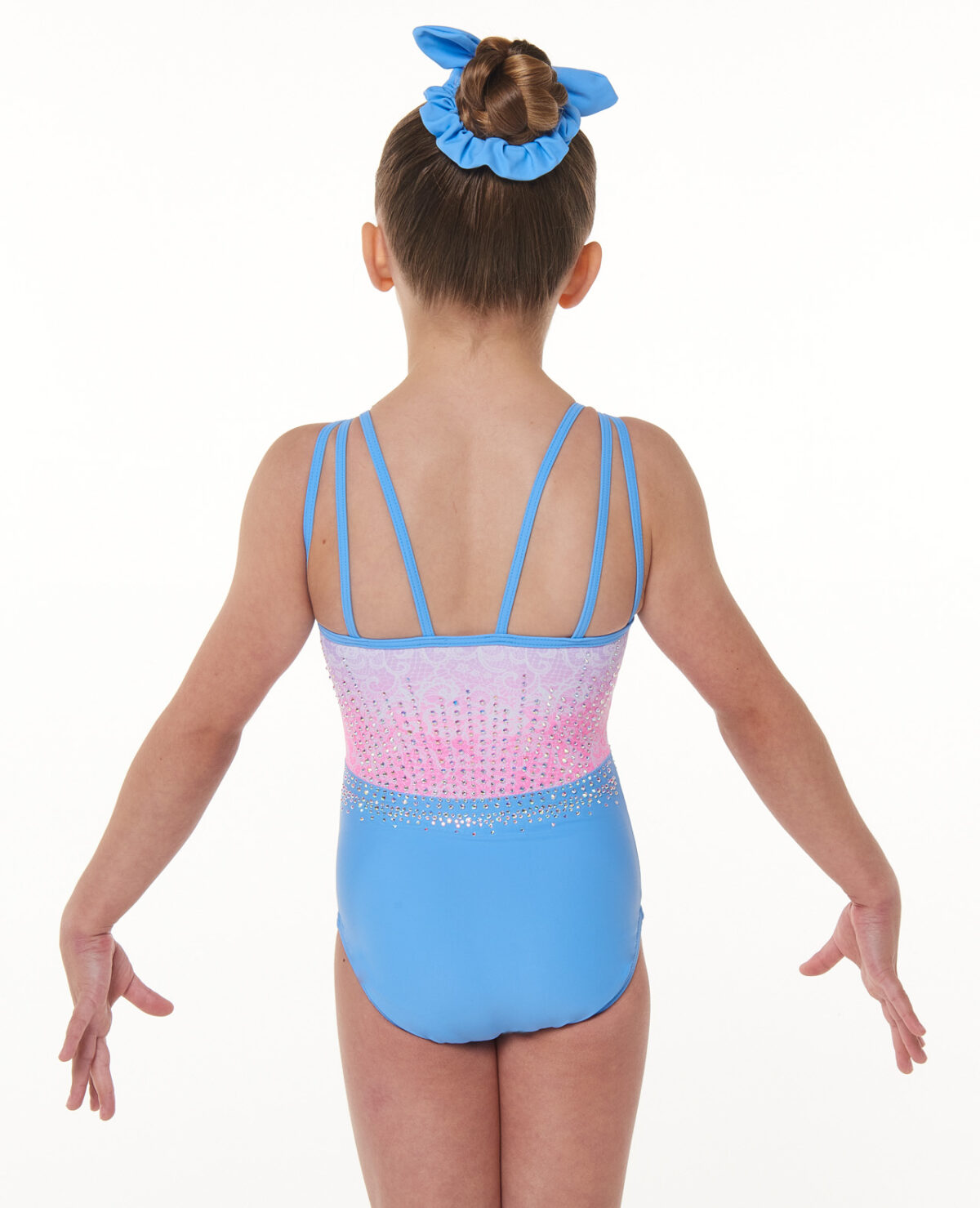 new summer floral strappy printed gymnastics leotard with powder blue lycra lower bodice and AB crystals