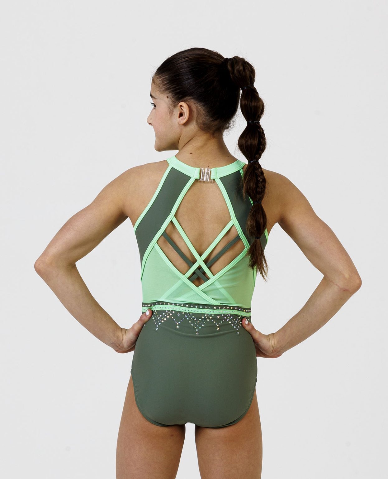 maeve_leotard_khaki_07 khaki and neon green gymnastics lycra training leotard with open back and AB crystals