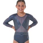 Grey Chintz and Mesh Gymnastics Long Sleeve Competition Leotard with AB crystals
