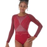 Deep Red Lycra and Mesh Gymnastics Long Sleeve Competition Leotard with dimanates back