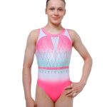 elegant summer gymnastics short sleeve leotard with new back design, ombre mint, pink and white ombre